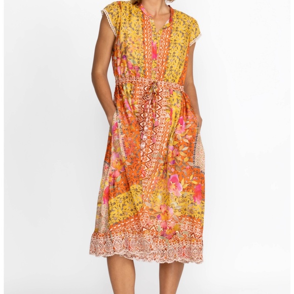 Johnny Was 100% Silk Eliana Lucy Silk Midi Dress Lined Pockets Ruffle Hem - Picture 2 of 16